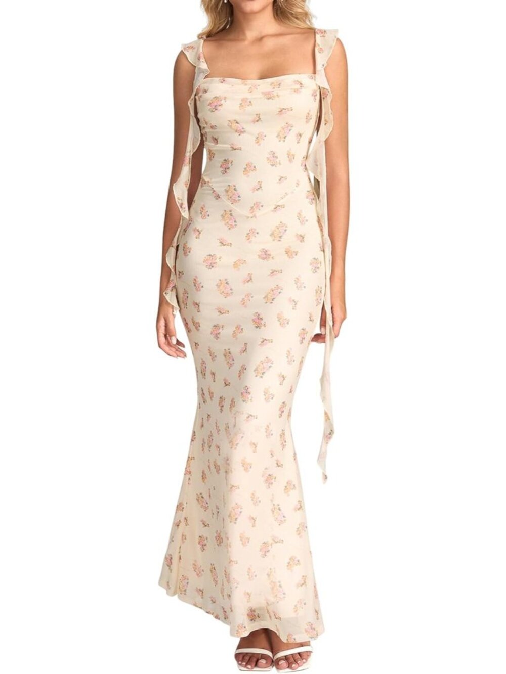 Women's Rose Boat Neck Elegant Ruffle Bodycon Formal Cocktail Maxi Dress